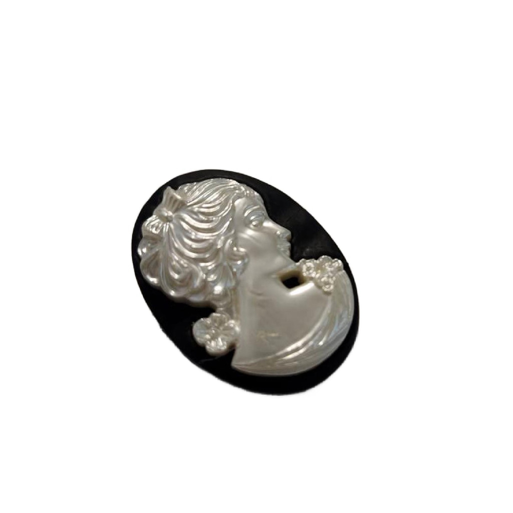 Vintage Black Mother of Pearl Carved Cameo Brooch, 1.75" Tall - Picture 2 of 10